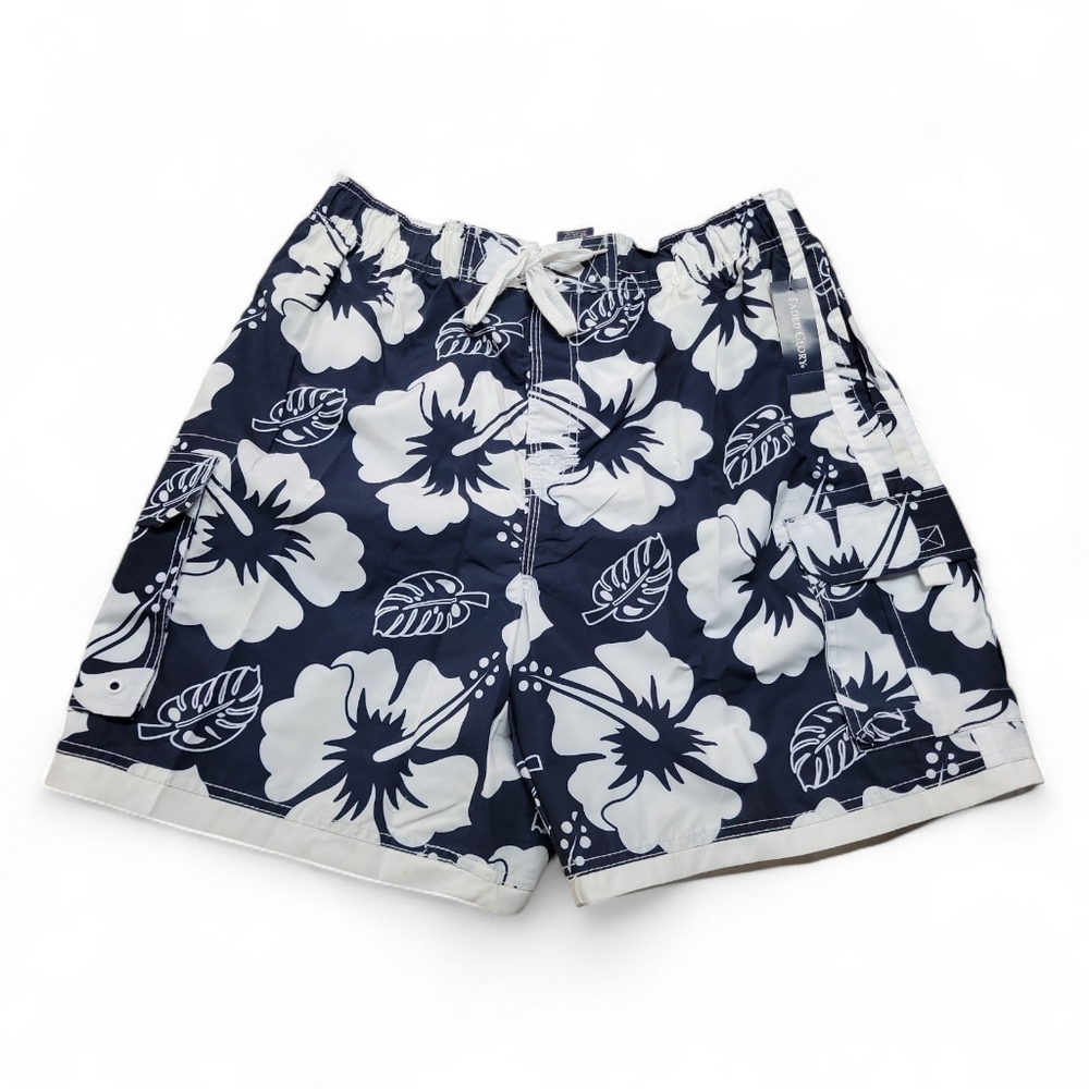 NWT Faded Glory Men's Swim Trunks Board Shorts, Navy Blue, White, L 36-38